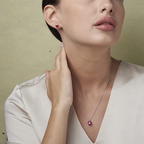 MAX + STONE 14k Gold Plated or Sterling Silver Cushion Cut Gemstone Stud Earrings and Pendant Necklace for Women with 6mm and 8mm Birthstones 18 Inch Chain and Push Backs Jewelry Set - style: Sterling Silver|Created Ruby