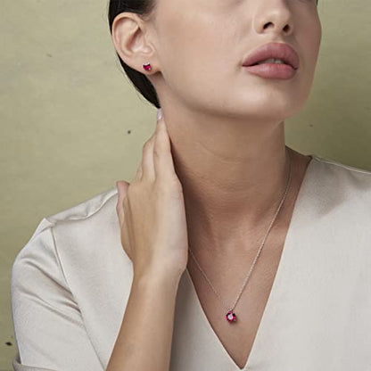 MAX + STONE 14k Gold Plated or Sterling Silver Cushion Cut Gemstone Stud Earrings and Pendant Necklace for Women with 6mm and 8mm Birthstones 18 Inch Chain and Push Backs Jewelry Set - style: Sterling Silver|Created Ruby