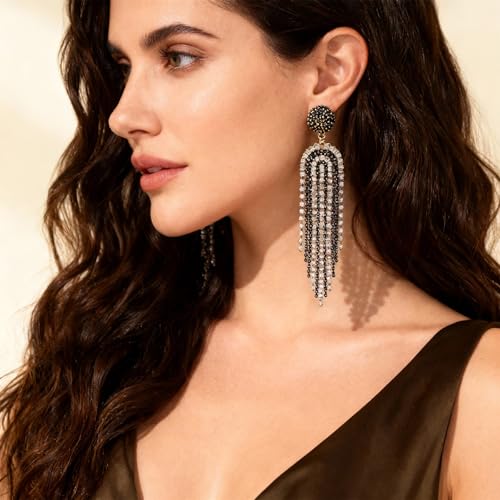 Fringe Dangling Tassel Earrings for Women, Handcrafted Chandelier Long Bohemian Beaded Cubic Zirconia Crystal Imitation Pearls Inlay Statement Boho Chain Hook Earrings for Wedding Party - color: White Black Fringe
