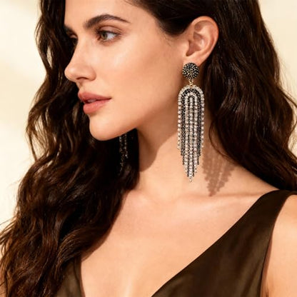 Fringe Dangling Tassel Earrings for Women, Handcrafted Chandelier Long Bohemian Beaded Cubic Zirconia Crystal Imitation Pearls Inlay Statement Boho Chain Hook Earrings for Wedding Party - color: White Black Fringe