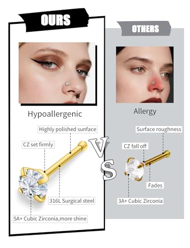 18G 20G 22G Round Cubic Zirconia Nose Rings Studs for Women Men 316L Stainless Surgical Steel Nose Ring Stud Piercing Jewelry Silver Gold Clear CZ 1.5mm 2mm 2.5mm 3mm - style: 24G (Thin) Straight Gold