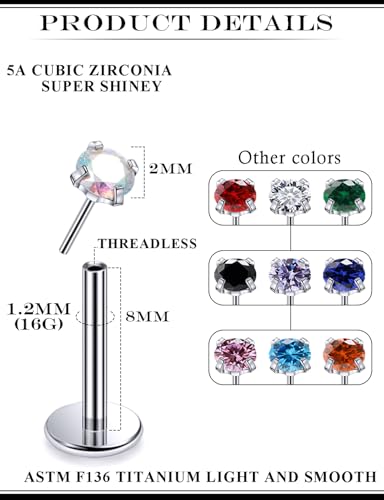 20G 18G 16G Astm F136 Titanium Threadless Flat Back Earrings Nose Studs Tragus Helix Conch Cartilage Lobe Earrings Medusa Labret Snake Bite Monroe Lip Ring Piercing Jewelry For Women Men - size: 16G-8MM Bar-CZ 2MM