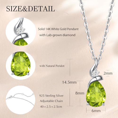 FANCIME 14K Solid White Gold Birthstone Pendant Necklace for Women with Diamond Pear Shaped Teardrop Necklace Birthday Gifts for Mom Women,Sterling Silver Chain 16" + 2" Extender - color: 08-Peridot