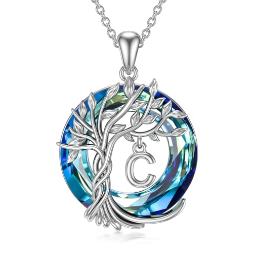 TOUPOP Gifts for Women Tree of Life Initial Necklace 925 Sterling Silver Letter Pendant with Blue Crystal Birthday Jewelry Gifts for Women Her Mom Wife Daughter - color: Tree of Life C Initial
