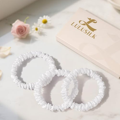 LULUSILK Small Silk Hair Ties No Damage, 100% Real Mulberry Silk, Skinny Scrunchies Ponytail Holders for Thin Fine Hair, White, Pack of 3 - color: White