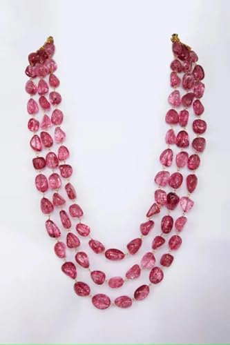 Triple Strand Pink Crackle Bead Necklace for Women Layered Statement Jewelry with Gold Tone Clasp Elegant Necklace
