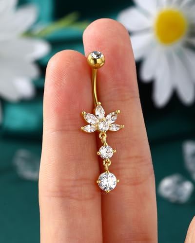 Dangle Lotus Belly Button Rings 14G Dangle Belly Navel Rings for Women Flower Belly Button Piercing - color: YG-10MM