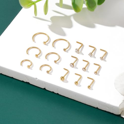 Gotumo 20G Nose Rings Titanium Nose Studs Cubic Zirconia Straight Nose Piercing Jewelry Hypoallergenic Nose Rings Studs for Women Men 6pcs set Silver - color: Gold, size: 20G L Shaped 15pcs