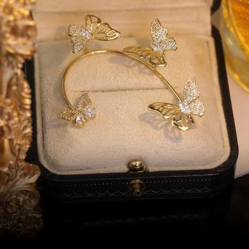 2Pcs Butterfly Ear Cuffs Rhinestone Clip On Earrings | Rhinestone butterfly ear cuffs with non piercing clip on design; silver ear wrap climber jewelry for parties and weddings - style: Style C Gold