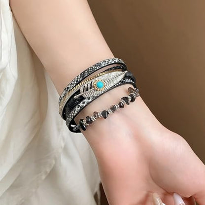 Long tiantian Boho Western Bracelets for Women Leather Wrap Bracelets Turquoise Bracelet Western Jewelry Country Concert Outfits - color: A5:black