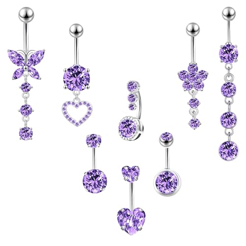 LEE&RO Belly Button Ring Dangle Stainless Steel Belly Rings 14G Belly Button Piercing Cute Navel Ring Belly Piercing Jewelry - style: 8Pcs-Purple