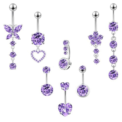 LEE&RO Belly Button Ring Dangle Stainless Steel Belly Rings 14G Belly Button Piercing Cute Navel Ring Belly Piercing Jewelry - style: 8Pcs-Purple