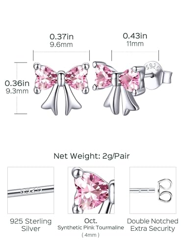 ChicSilver 925 Sterling Silver Bow/Butterfly Earrings for Women Hypoallergenic Birthstone Earrings Dainty Bow/Butterfly Jewelry Gift for Women - color: Bow-October-Tourmaline