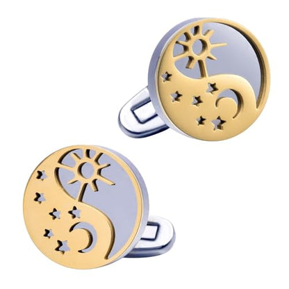 Gold Cufflinks Men, Cufflink Silver Stainless Steel Sun Moon Star Shirt Tuxedo Suit Cuff Links Women's Jewelry for Formal Event Wedding