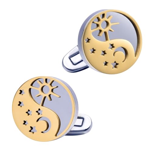 Gold Cufflinks Men, Cufflink Silver Stainless Steel Sun Moon Star Shirt Tuxedo Suit Cuff Links Women's Jewelry for Formal Event Wedding
