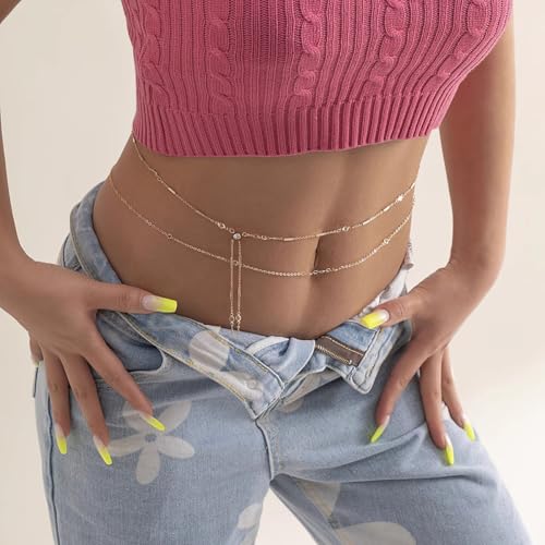 Gold Belly Waist Chain Adjustable Multilayer Sexy Bikini Waist Chain for Women Crystal Zircon Waist Layered Belly Chain for Women