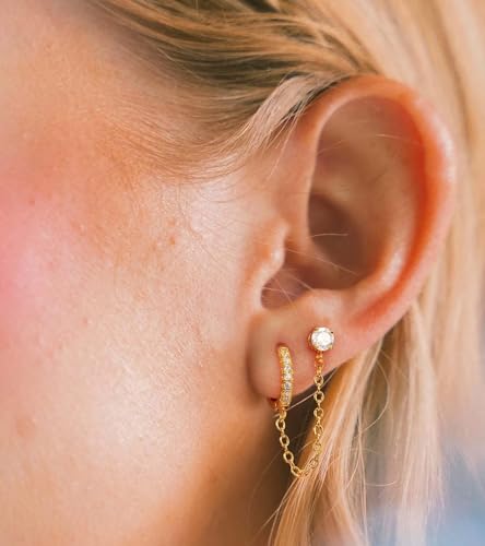 Kenivira Gold Pearl Hoop Earrings for Women | 18K Gold Huggie Dangle Earrings | Lightweight Small Hoop Earrings - color: Link-CZ & Hoop & Stud