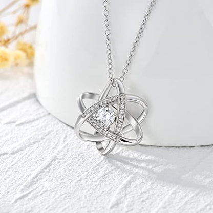 Natural Diamond Celtic Love Knot Necklace for Women,Endless Flower Pendant Necklace Set with 5mm Moissanite 925 Sterling Silver Jewelry Anniversary Valentine's Day Birthday Gifts for Her 18"+2" - color: White