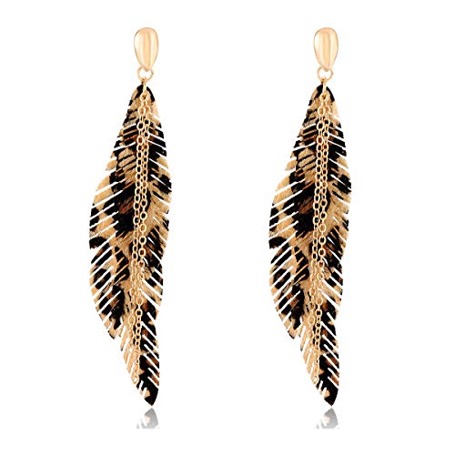 NVENF Feather Tassel Dangle Earrings for Women Bohemian Faux Leather Plume Gold-tone Metal Chain Fringe Statement Drop Earrings Vintage Ethnic Style Jewelry - color: Leopard