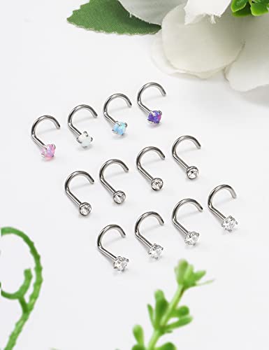 Cisyozi 18G 20G 22G Nose Rings Studs Surgical Steel Nose Stud Set 1.5mm 2mm 2.5mm 3mm Diamond Cubic Zirconia Opal Screw L Shaped Straight Nose Piercing Jewelry for Women Men - color: B:18G-Screw -2.5mm