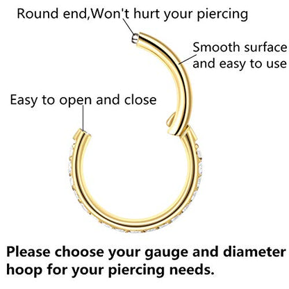 316L Surgical Steel Seamless Nose Ring Cartilage Hoop Silver/Gold/Rose Gold/Black 16G 18G 20G 6mm-12mm CZ Paved Helix Rook Tragus Lobe Body Pierecing Jewelry Segment Clicker Lip Rings Rook Earrings - color: Gold, size: 16 Gauge 6mm