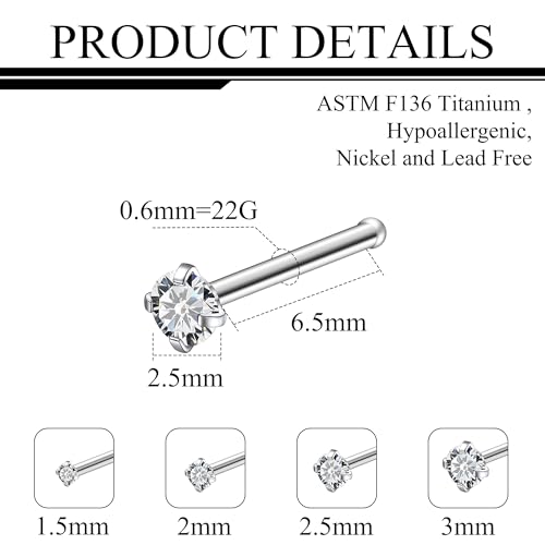 ASTM F136 Titanium Nose Rings 18G 20G 22G Clear Round Cubic Zirconia Nose Studs Ring Screw L-Shaped Bone Hypoallergenic Body Piercing Jewelry for Women 1.5mm 2mm 2.5mm 3mm 4PCS - style: Bone:22G(0.6mm)