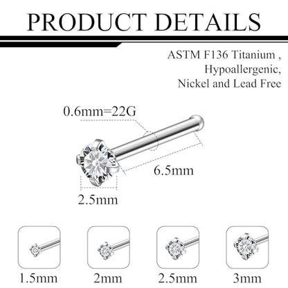 ASTM F136 Titanium Nose Rings 18G 20G 22G Clear Round Cubic Zirconia Nose Studs Ring Screw L-Shaped Bone Hypoallergenic Body Piercing Jewelry for Women 1.5mm 2mm 2.5mm 3mm 4PCS - style: Bone:22G(0.6mm)