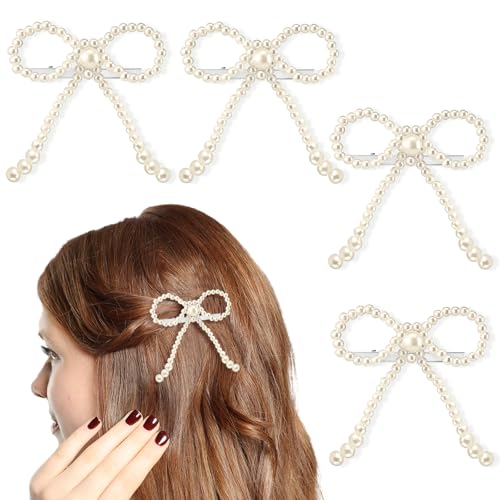 Daifunli 4 Pcs Elegant Pearl Bow Hair Clip Sparkly Bowknot Clips Vintage White Pearl Barrette Hairpin Headwear Gifts Weddings Brides Birthdays for Women Girls - style: Pearl