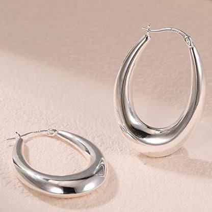 PABBEU Chunky Silver Hoops Earrings for Women Hypoallergenic | Lightweight 925 Sterling Silver Oval Hoop Earring, Sterling Silver Thick Hoop Earrings for Women Gift 25/28/30/38/40mm - color: 30mm Silver