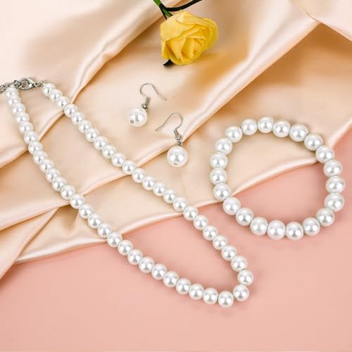 3 Pcs 8mm Pearl Necklace Bracelet Earrings Set Faux Pearl Jewelry Set for Women Simulated Pearl Necklaces Set Round White Pearl Costume Jewelry Accessories for Women Girls Brides Wedding Gift - color: White