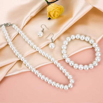 3 Pcs 8mm Pearl Necklace Bracelet Earrings Set Faux Pearl Jewelry Set for Women Simulated Pearl Necklaces Set Round White Pearl Costume Jewelry Accessories for Women Girls Brides Wedding Gift - color: White