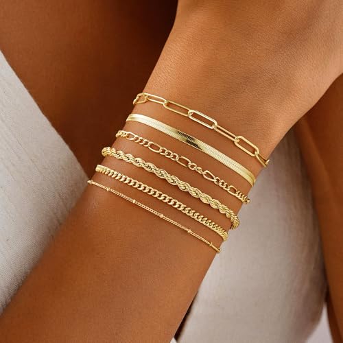 M MOOHAM Gold Bracelets Set for Women No Tarnish | 14K Gold Plated, Dainty Stackable Bracelets Stack for Women, Herringbone Paperclip Rope Cuban Chain Bracelet Set Stack - color: 3.Rope Snake Paperclip Set 1