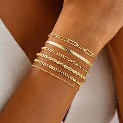 M MOOHAM Gold Bracelets Set for Women No Tarnish | 14K Gold Plated, Dainty Stackable Bracelets Stack for Women, Herringbone Paperclip Rope Cuban Chain Bracelet Set Stack - color: 3.Rope Snake Paperclip Set 1