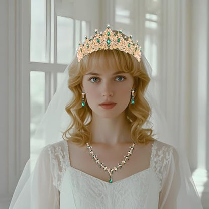 Crystal Crown and Tiara Jewelry Set for Women Bride with Necklace Earrings | Metal Rhinestone Royal Queen Princess Jewelry Set Wedding Quinceanera Pageant Prom Birthday Halloween Party Costume Gift - color: Green