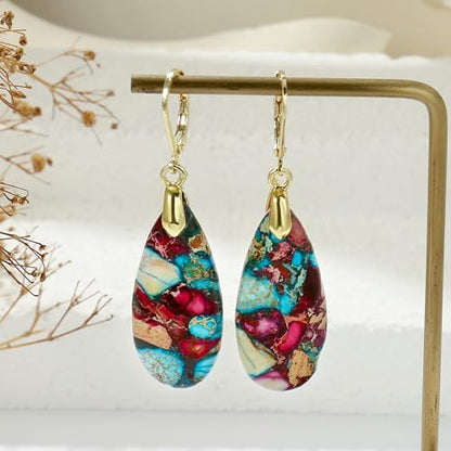Natural Healing Teardrop Stone Leverback Dangle Drop Earrings Statement Gold earrings - color: Colorful -Gold-02