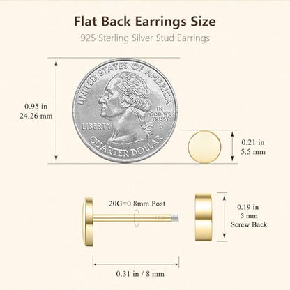 JIAYIQI Minimalist 925 Sterling Silver Stud Earrings Set, 14K Gold Plated Hypoallergenic Tiny Bar Dot Heart Star Studs for Women & Men - style: Gold-Dot-Flatback-1 Pair