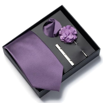 joy alice 30 Colors Solid Ties for Man Pure Color Men's Tie Set with Lapel Pin Pocket Square Tie Clip - color: Lavender