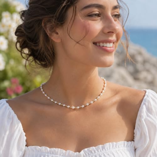 Pearl Necklaces for Women Trendy, Dainty Beaded Choker Necklace, 14K Gold Plated Station Chain, Simple Layering Wedding Prom Jewelry Gift - color: Gold Pearl Beaded Station