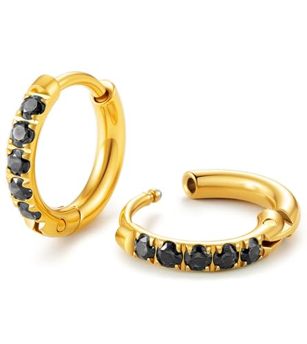 Hypoallergenic Unisex Surgical Steel Small Cubic Zirconia Huggie Hoop Earring, Color Gold - Silver - Rose Gold - Black - Rainbow, Size 6mm- 12mm Safe for Sensitive Ear - style: P06 : 8mm - gold - black cz
