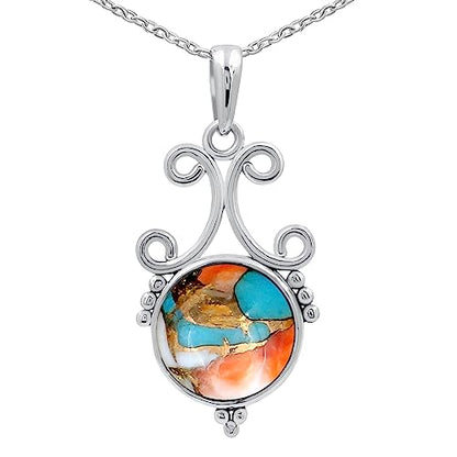 Natural Round Gemstone Pendant Necklace for Women, 925 Sterling Silver | Solitaire Birthstone Jewelry With 18 Inch Chain, Handmade Semi Precious Stone Pendant, Jewelry Gift for Mom, Wife & Sister - color: Oyster Copper Turquoise