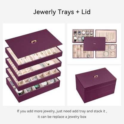 Voova Stackable Jewelry Organizer Tray with Lid (Set of 4, Purple) | Stackable PU leather jewelry trays with drawer inserts for earrings, rings, necklaces, bracelets and watches; set of 4 - color: Purple