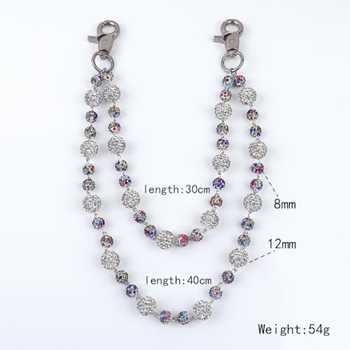 Ceramic Beads Wallet Pants Waist Chain Shiny Hip Hop Disco Ball Rhinestone Beads Purse Hipster Jeans Pocket Chains for Men Women Punk Accessories - color: Rainbow