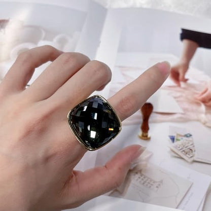 Chunky Square Crystal Glass Stainless Steel Statement Ring for Women Men Gold-Tone Plated Exaggerated Large Geometric Green Cubic Zirconia Finger Band Knuckle Rings Cocktail Prom Fashion Jewelry - color: Gery
