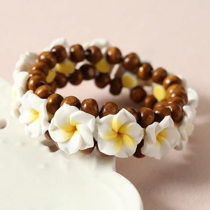 Pingyongchang Boho Hawaiian Plumeria Rubra Bracelets for Women Handmade Colorful Tropical Flower Wooden Beads Stretch Bracelet Summer Beach Holiday Jewelry Gifts - color: Yellow White