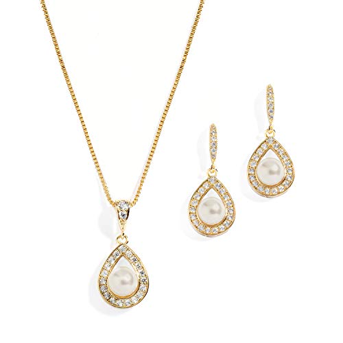 Mariell Pearl Necklace and Drop Earrings Wedding Jewelry Set for Brides, Bridesmaids, Birthday Gift - color: Gold