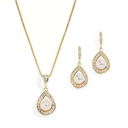 Mariell Pearl Necklace and Drop Earrings Wedding Jewelry Set for Brides, Bridesmaids, Birthday Gift - color: Gold