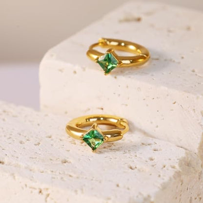 316L Surgical Steel Birthstone Hoop Earrings for Women | Lightweight, 5A Cubic Zirconia, Hypoallergenic, Lead & Nickel Free, 8mm Huggie Hoops - color: 18k gold-plated: 05. May (Emerald)