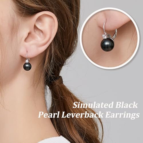 925 Sterling Silver Pearl Leverback Earrings for Women Cubic Zirconia Pearl Jewelry 10MM - color: A: Leverback-Black