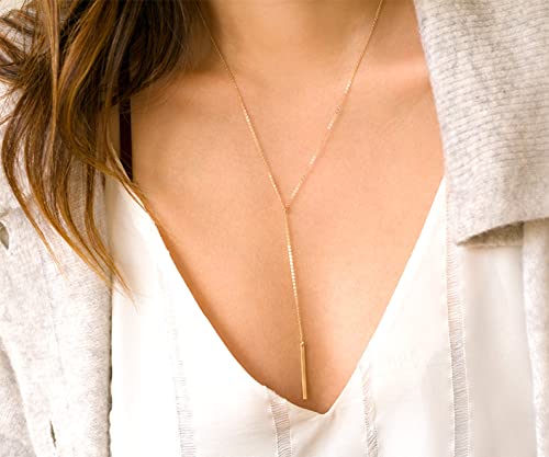 Dainty Gold Necklace for Women, Cute Long Necklace 14K Gold Plated CZ Lips Bead Y Shaped Lariat Necklace Simple Gold Choker Necklace Aesthetic Drop Necklace Trendy Gold Jewelry for Women - color: Gold-Bar Lariat Necklace