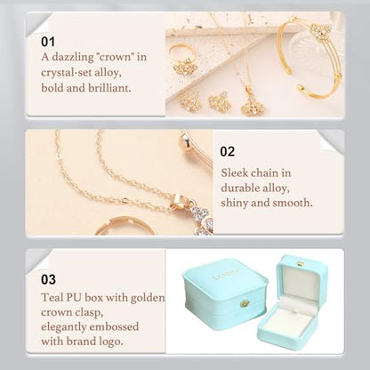Women's Crown Jewelry Set Gold Plated Costume Jewelry, Elegant Royal Queen Crown Necklace Earrings Bracelet Ring 4 Pieces Set for Wedding Party Prom Formal Occasions